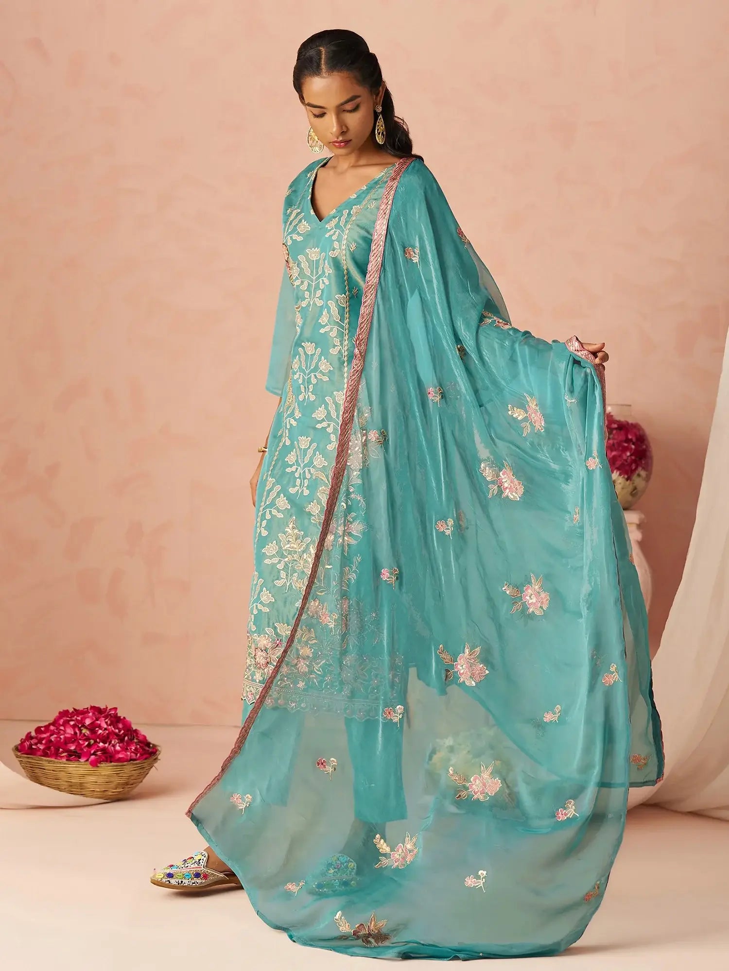 Dazzling Blue Embroidered Organza Festive Wear Straight Suit