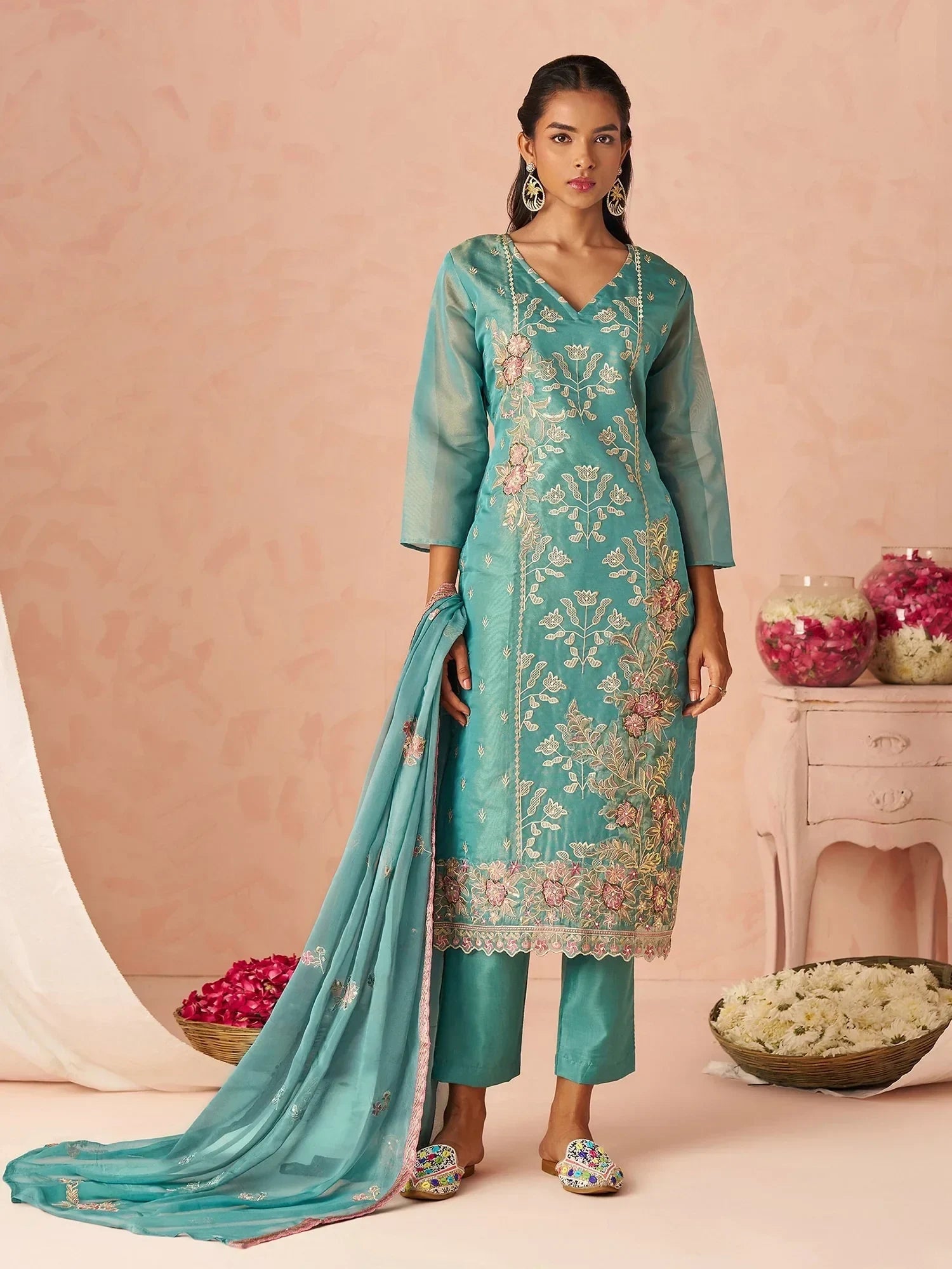 Dazzling Blue Embroidered Organza Festive Wear Straight Suit