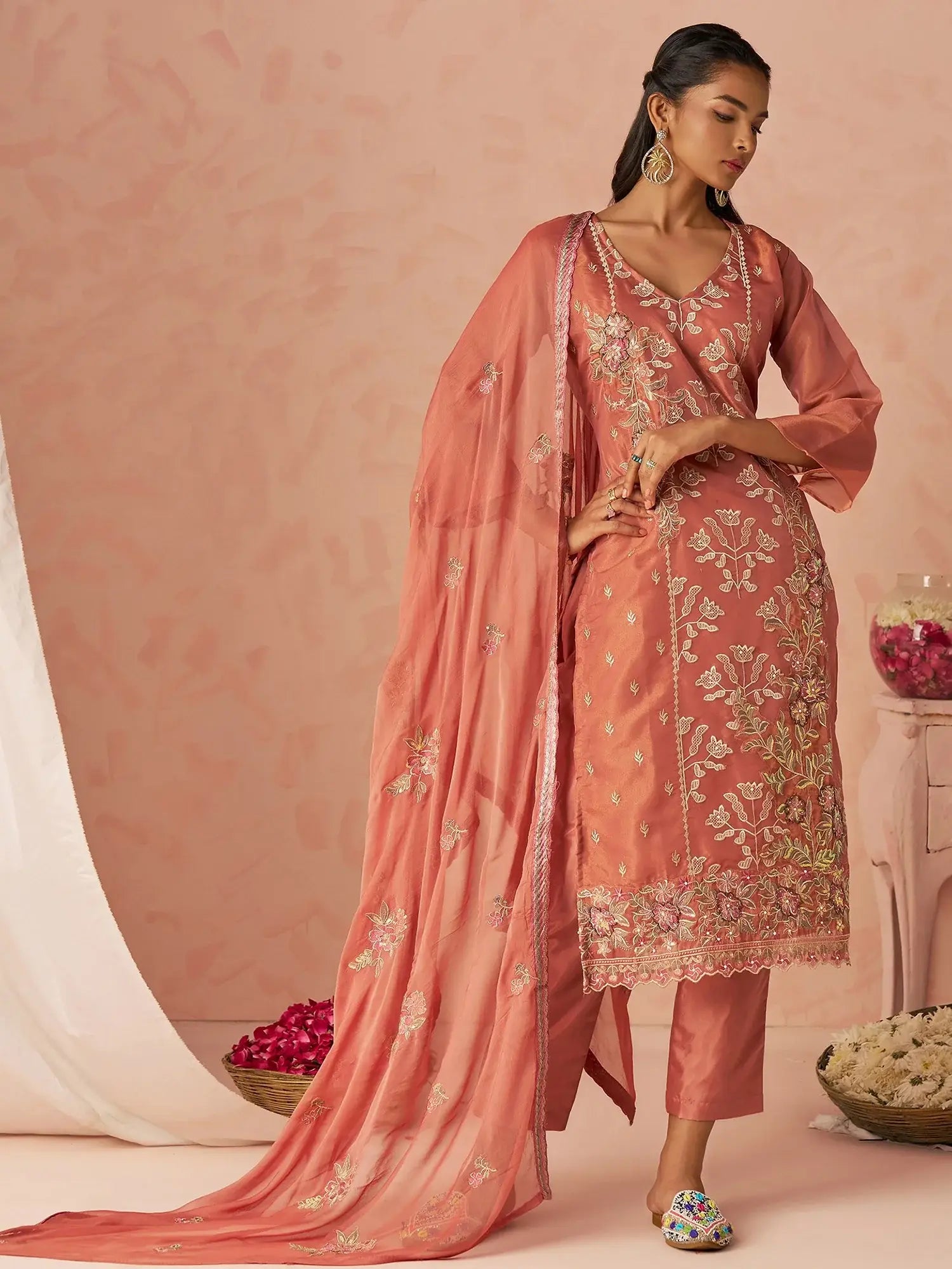 Stunning Peach Embroidered Organza Function Wear Straight Suit