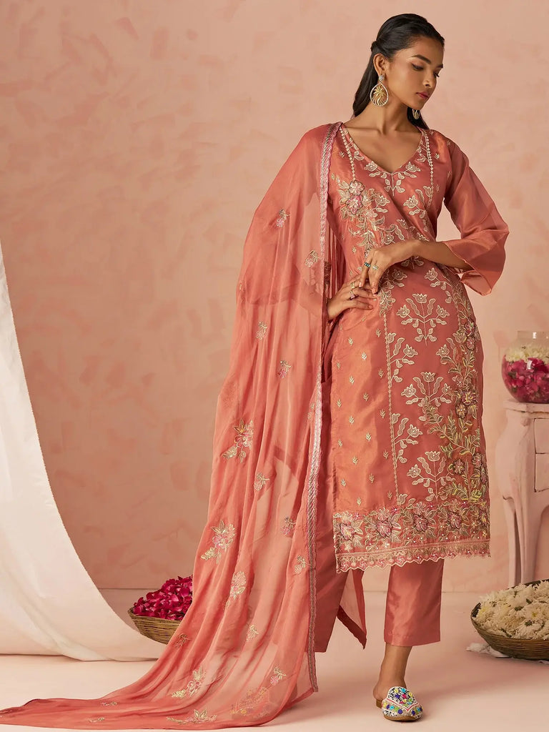 Stunning Peach Embroidered Organza Function Wear Straight Suit