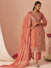 Stunning Peach Embroidered Organza Function Wear Straight Suit