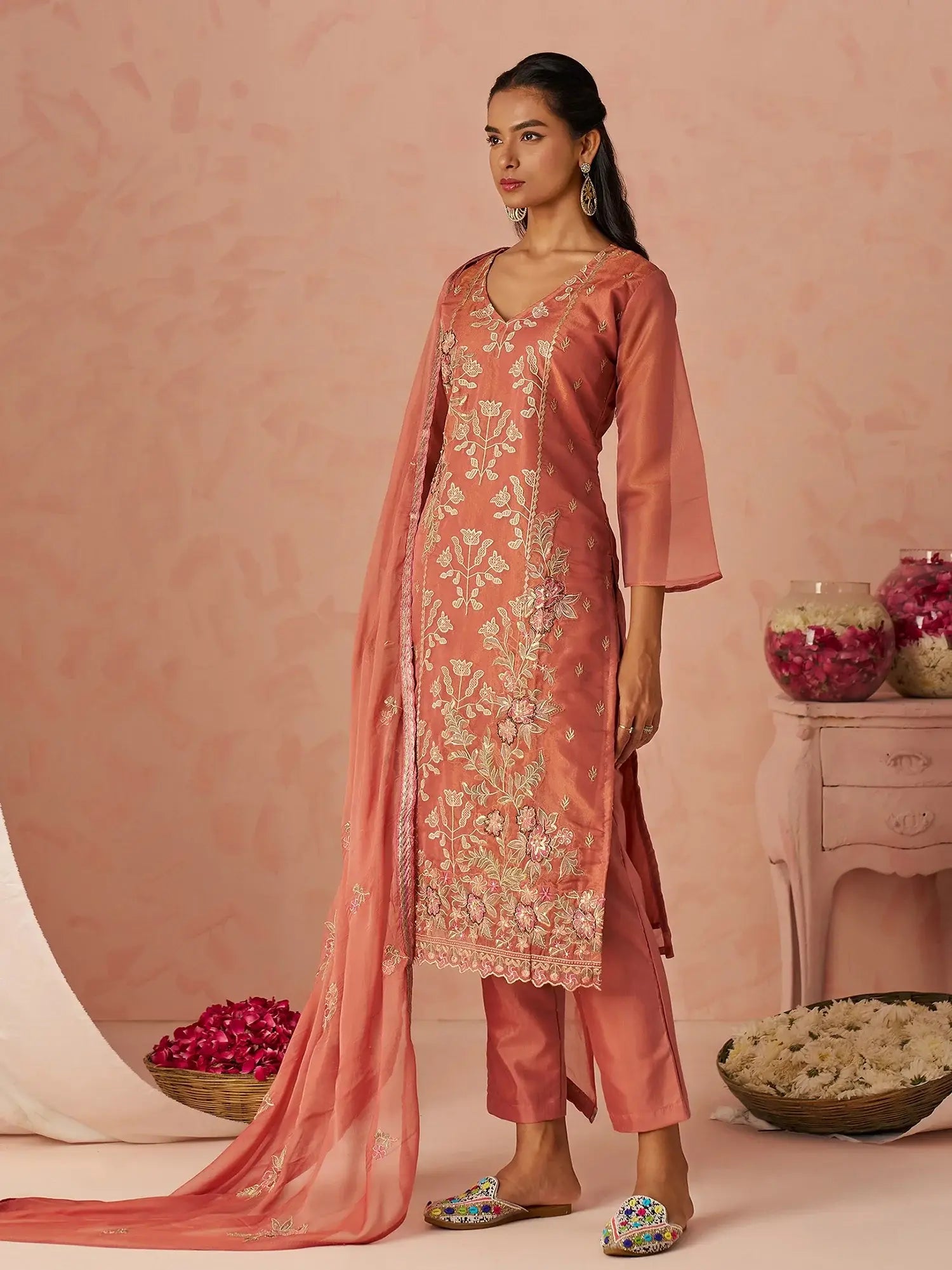 Stunning Peach Embroidered Organza Function Wear Straight Suit