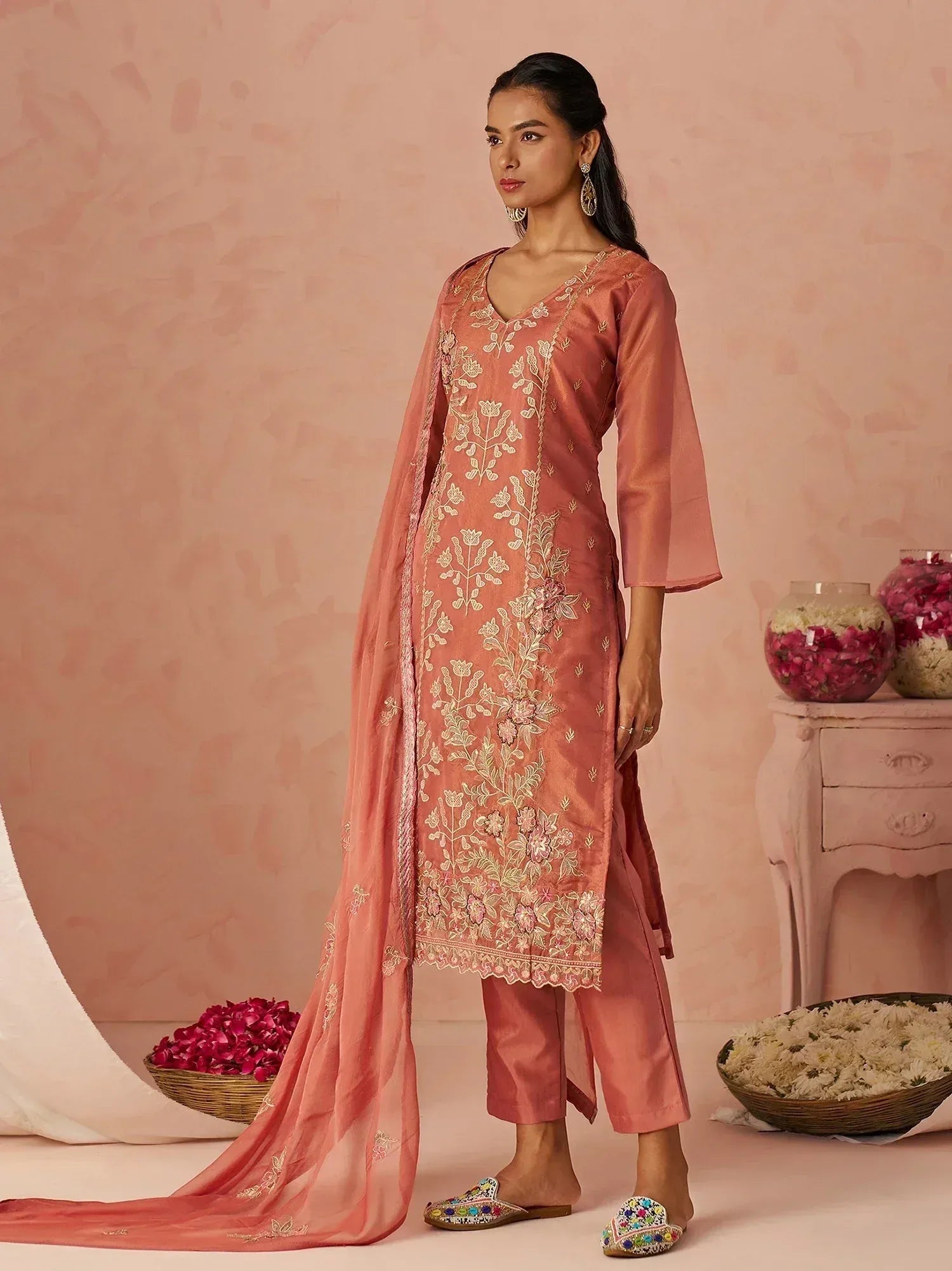Stunning Peach Embroidered Organza Function Wear Straight Suit