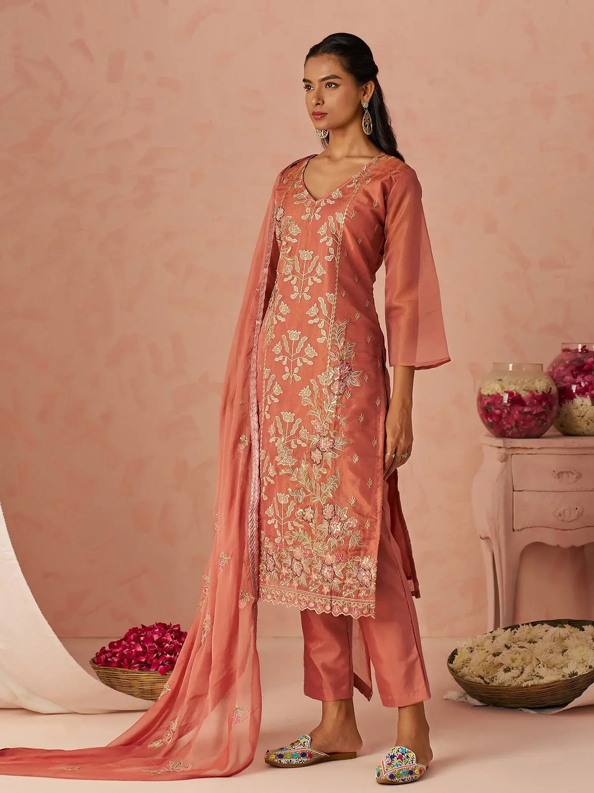 Stunning Peach Embroidered Organza Function Wear Straight Suit