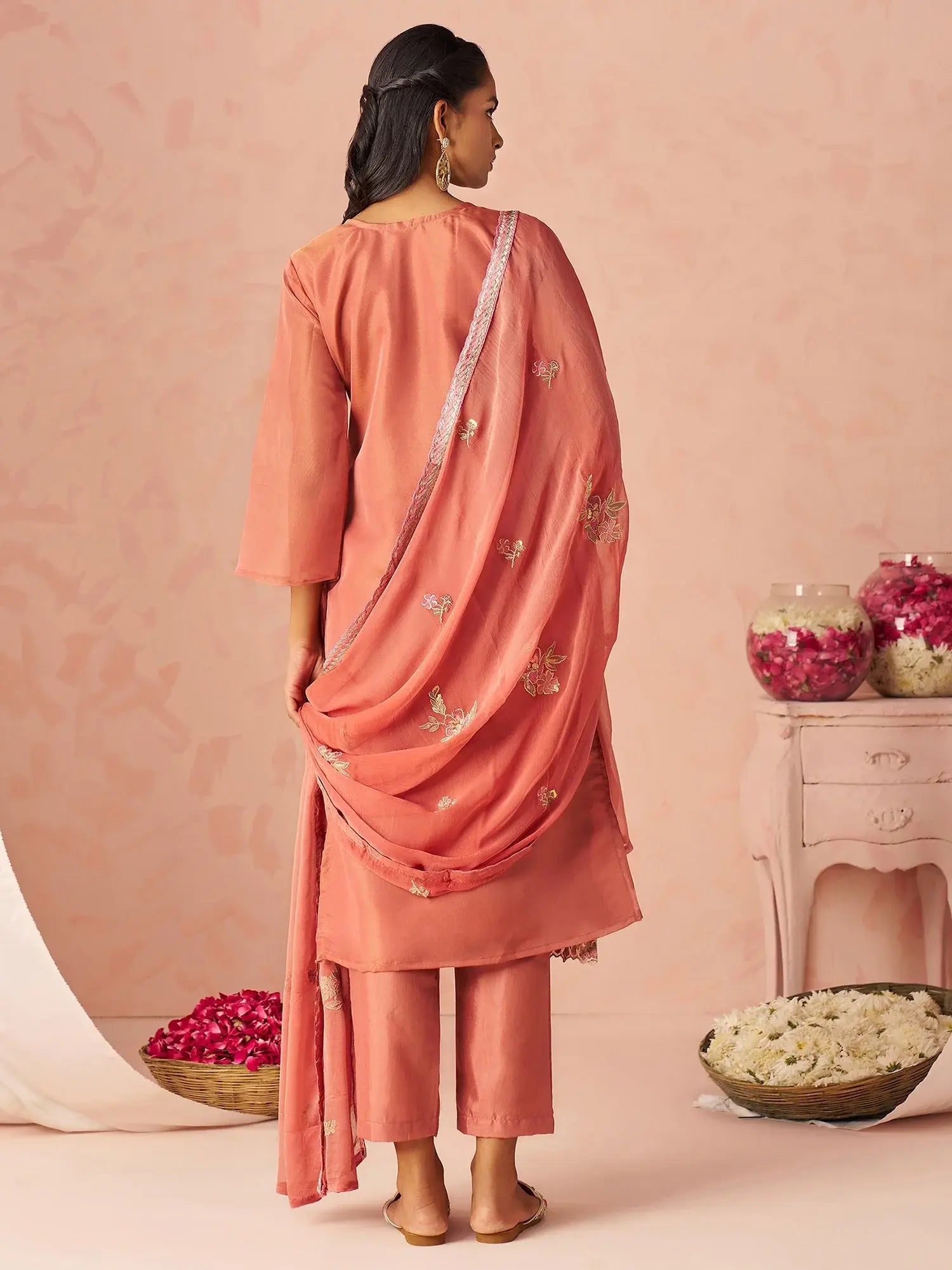 Stunning Peach Embroidered Organza Function Wear Straight Suit