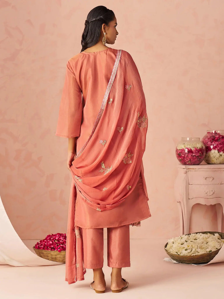 Stunning Peach Embroidered Organza Function Wear Straight Suit