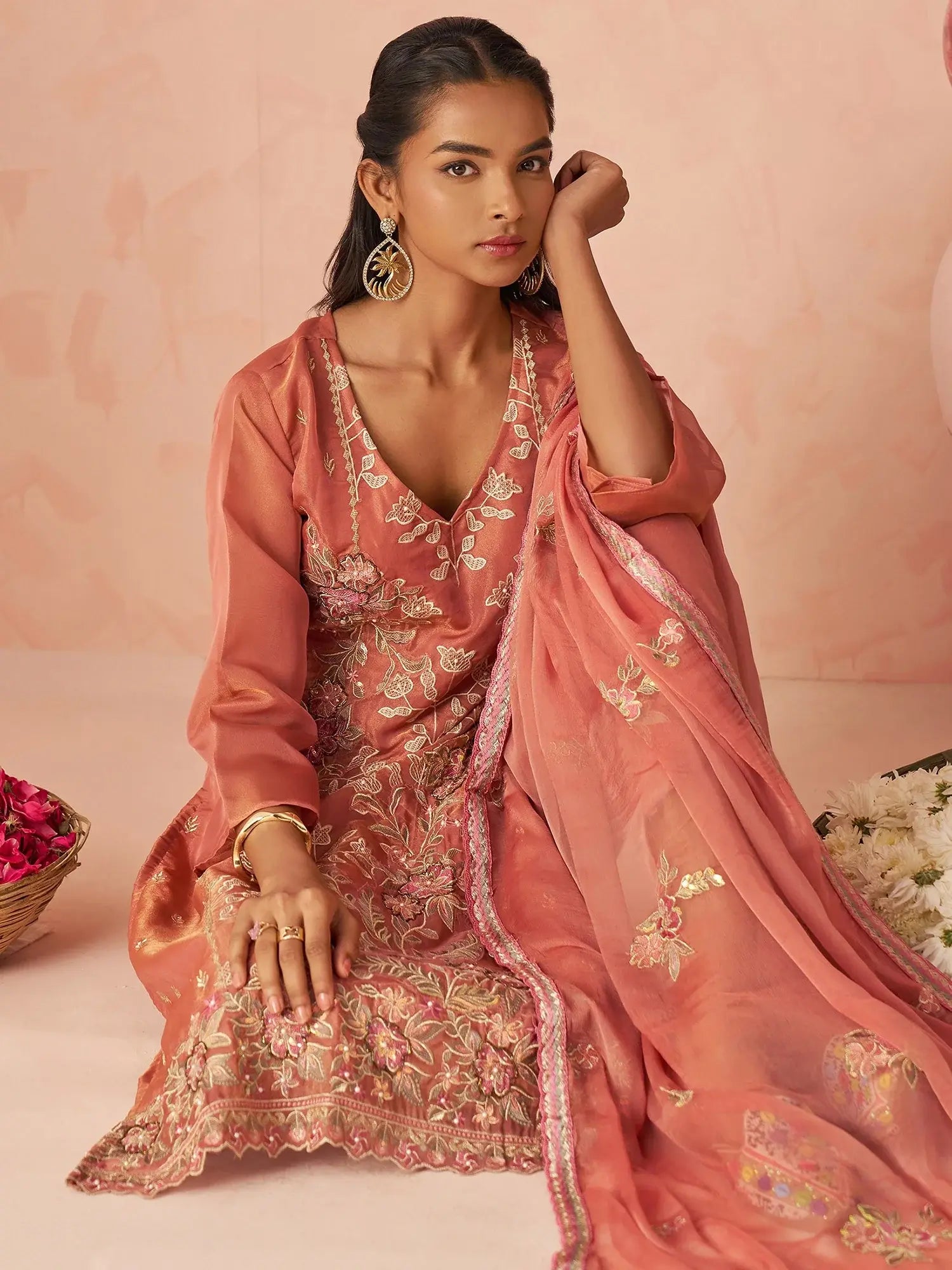 Stunning Peach Embroidered Organza Function Wear Straight Suit