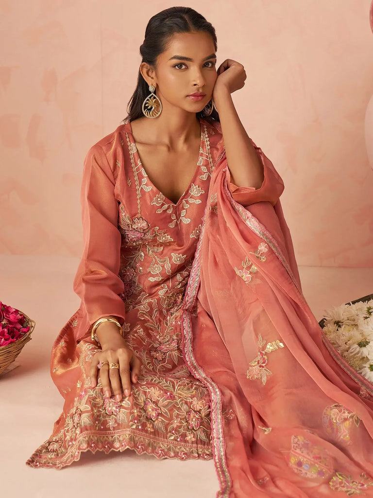 Stunning Peach Embroidered Organza Function Wear Straight Suit