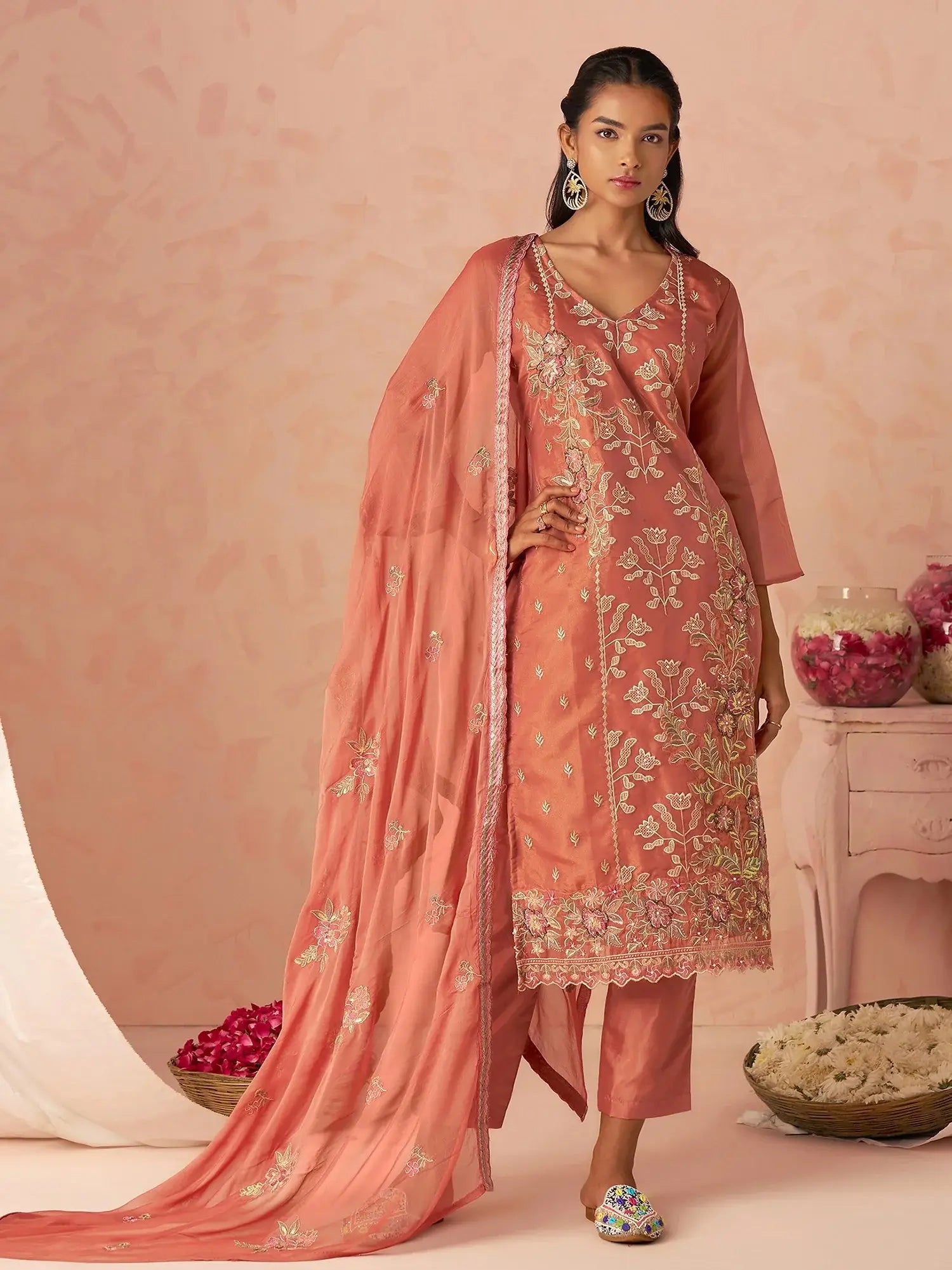 Stunning Peach Embroidered Organza Function Wear Straight Suit