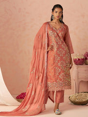 Stunning Peach Embroidered Organza Function Wear Straight Suit