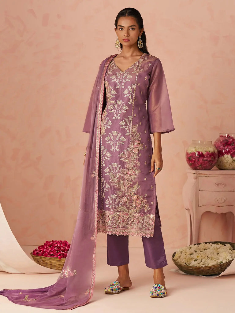 Impressive Lavender Embroidered Organza Festive Wear Straight Suit