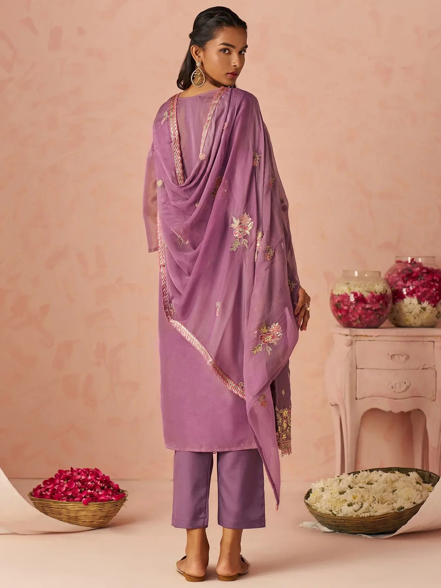 Impressive Lavender Embroidered Organza Festive Wear Straight Suit