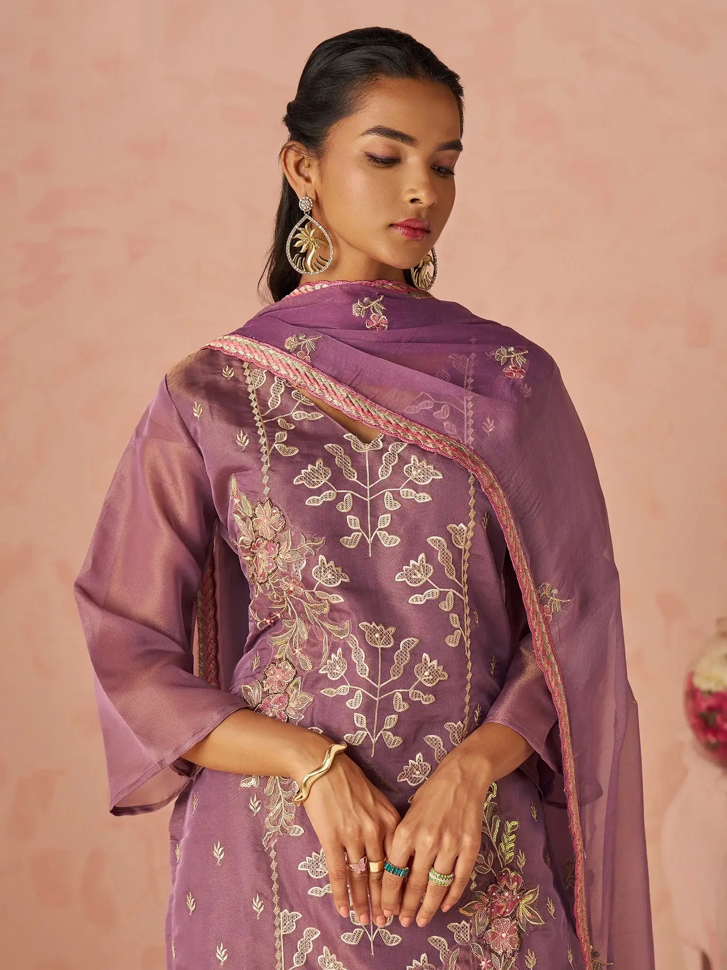 Impressive Lavender Embroidered Organza Festive Wear Straight Suit