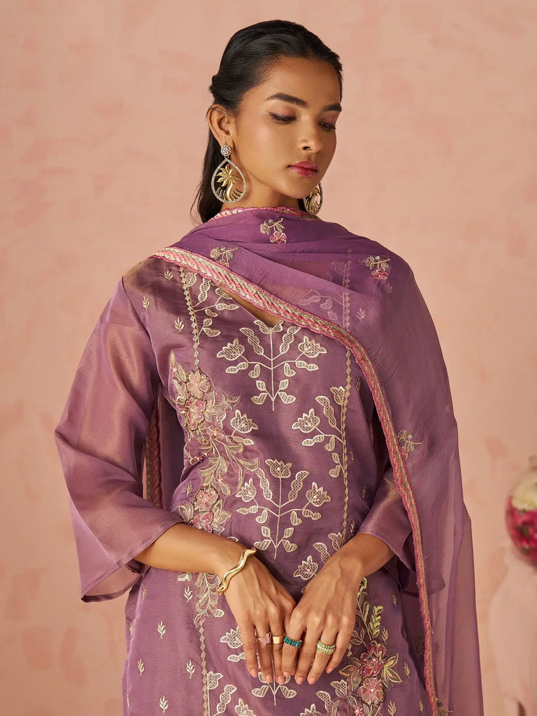 Impressive Lavender Embroidered Organza Festive Wear Straight Suit
