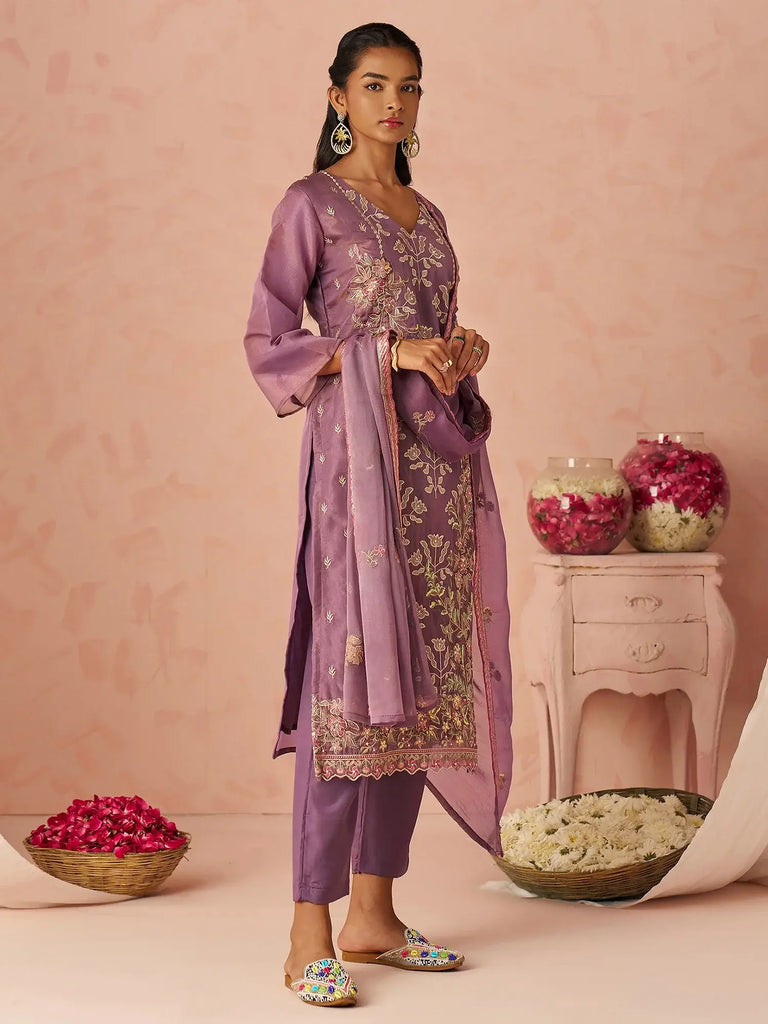 Impressive Lavender Embroidered Organza Festive Wear Straight Suit