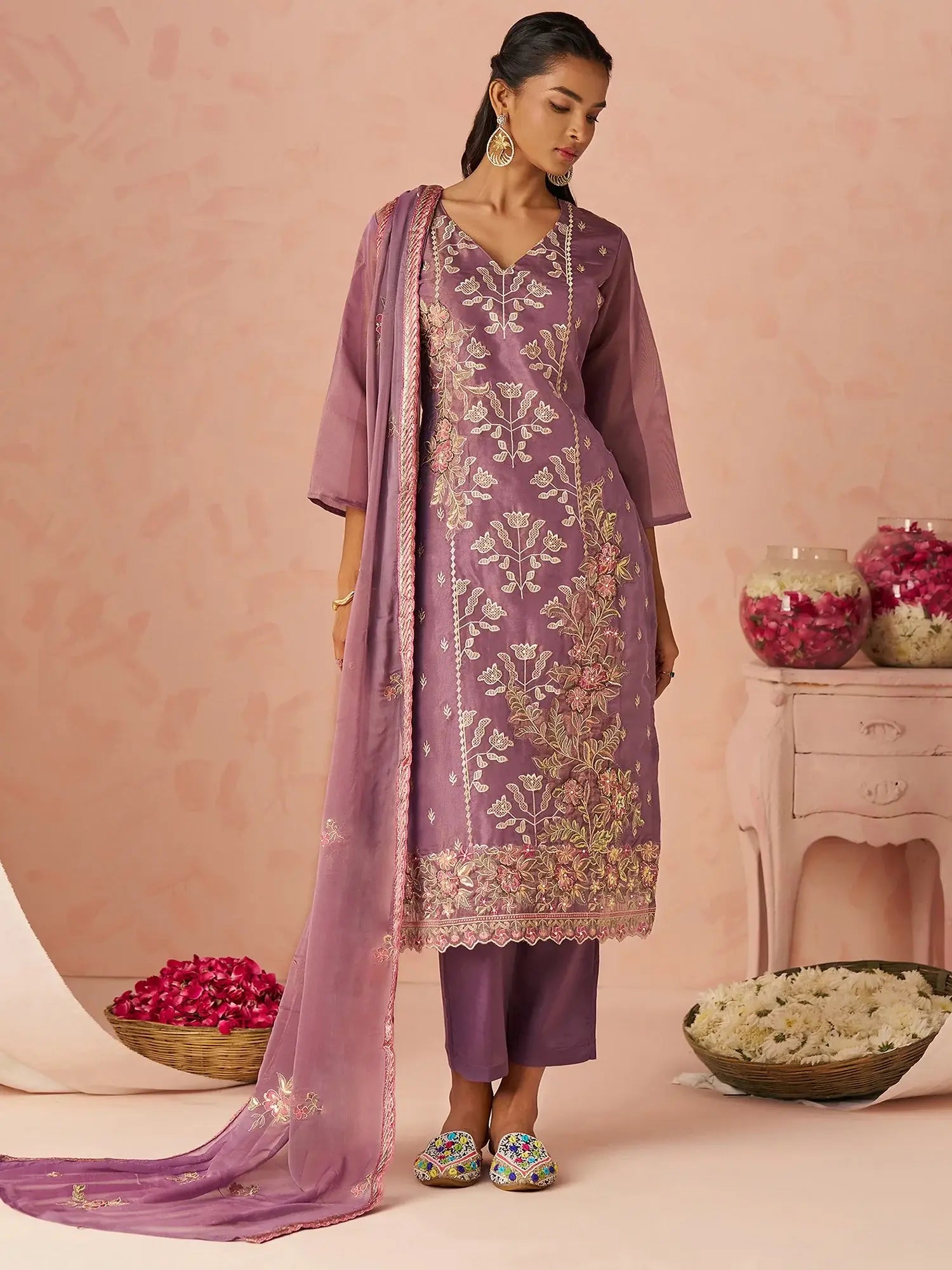 Impressive Lavender Embroidered Organza Festive Wear Straight Suit