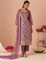 Impressive Lavender Embroidered Organza Festive Wear Straight Suit