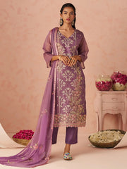 Impressive Lavender Embroidered Organza Festive Wear Straight Suit