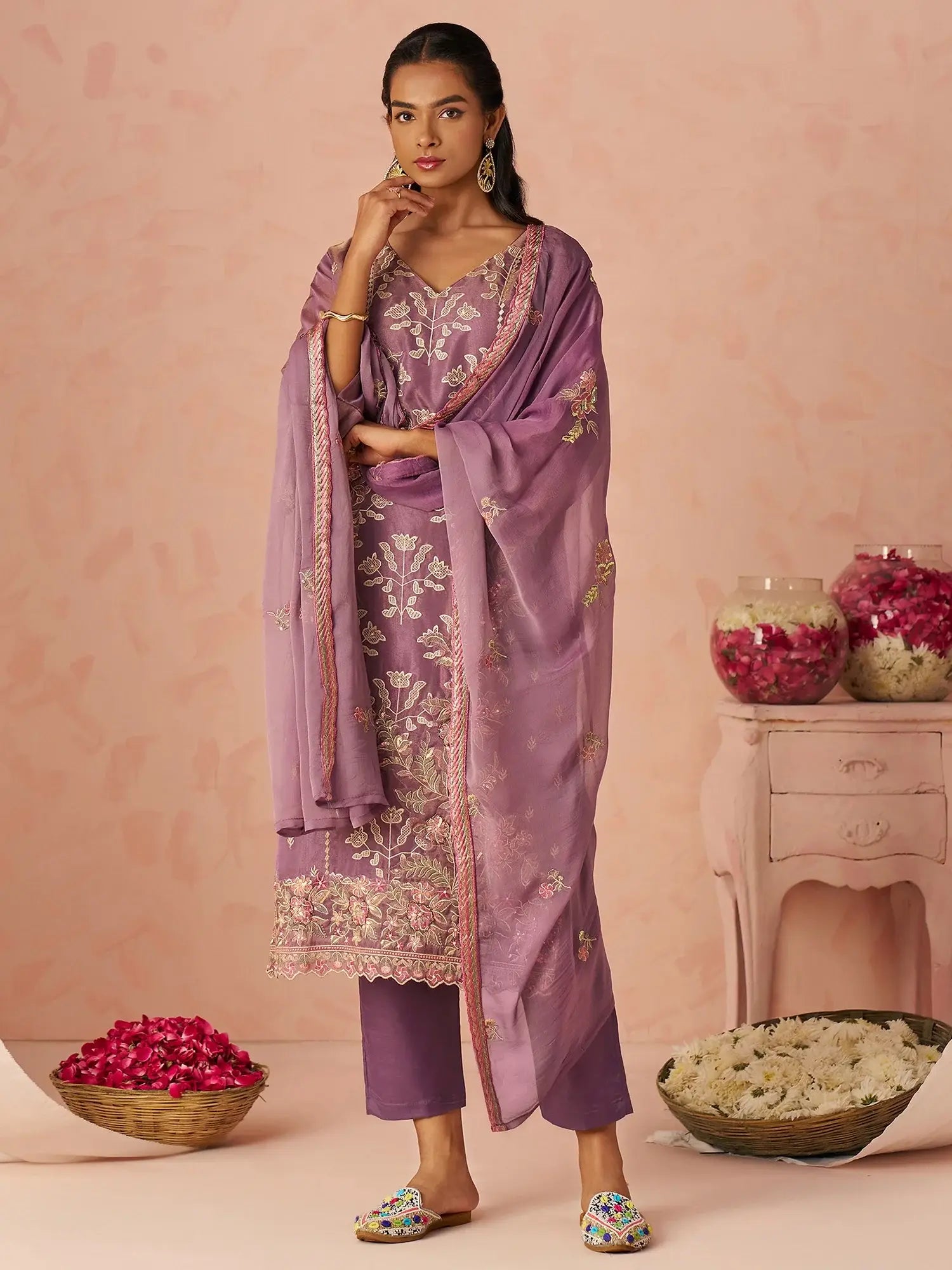 Impressive Lavender Embroidered Organza Festive Wear Straight Suit