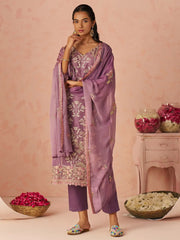 Impressive Lavender Embroidered Organza Festive Wear Straight Suit