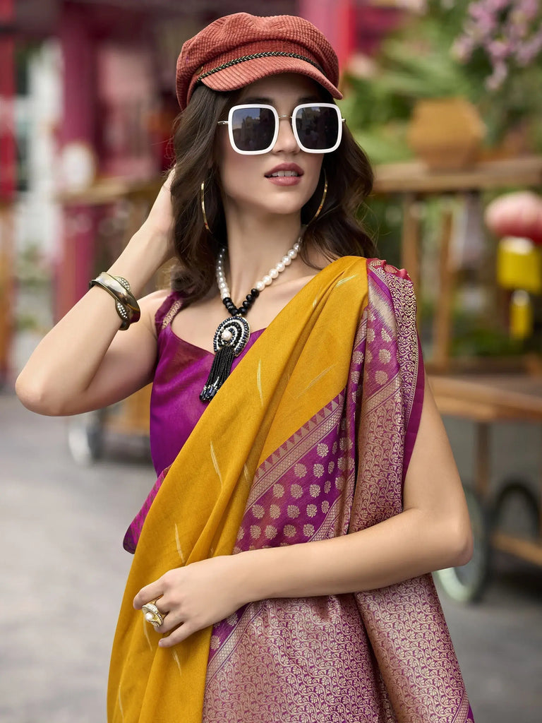 Precious Yellow Zari Weaving Silk Traditional Wear Saree With Blouse