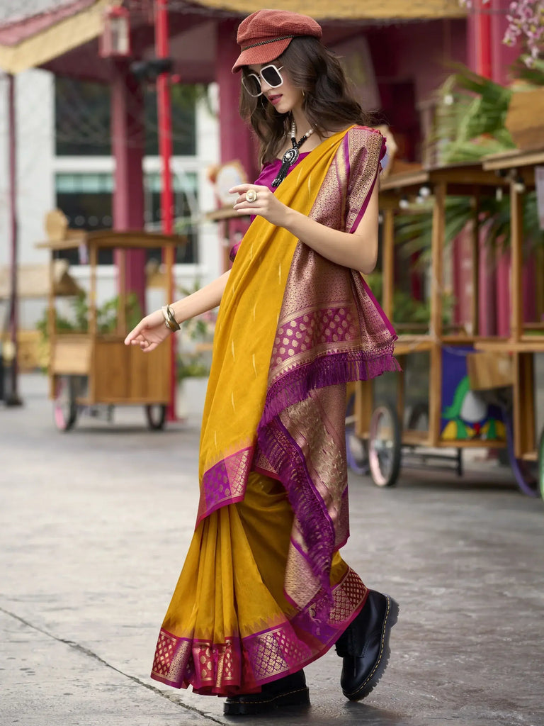 Precious Yellow Zari Weaving Silk Traditional Wear Saree With Blouse