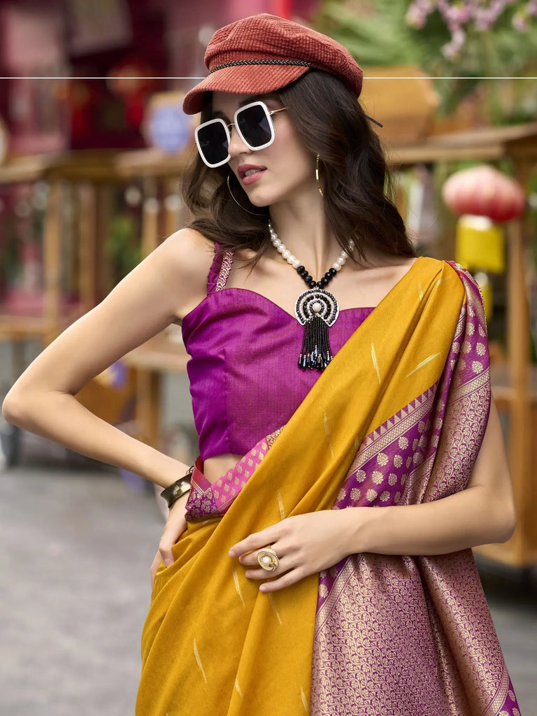 Precious Yellow Zari Weaving Silk Traditional Wear Saree With Blouse