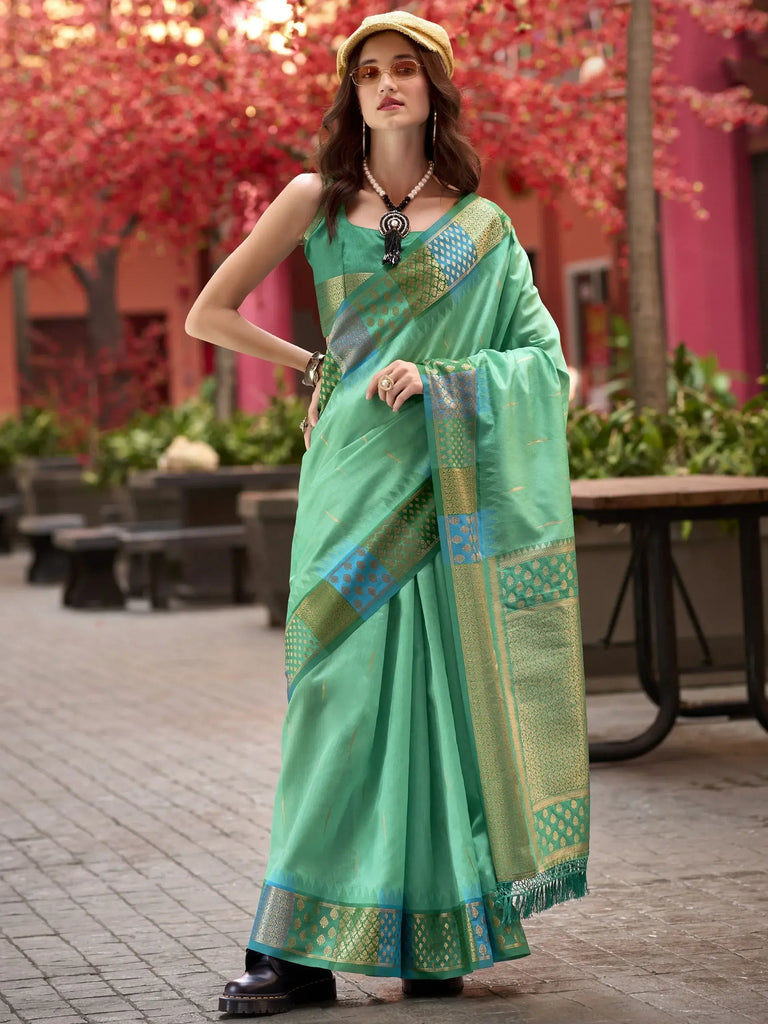 Awesome Sea Green Zari Weaving Silk Event Wear Saree With Blouse