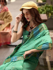 Awesome Sea Green Zari Weaving Silk Event Wear Saree With Blouse