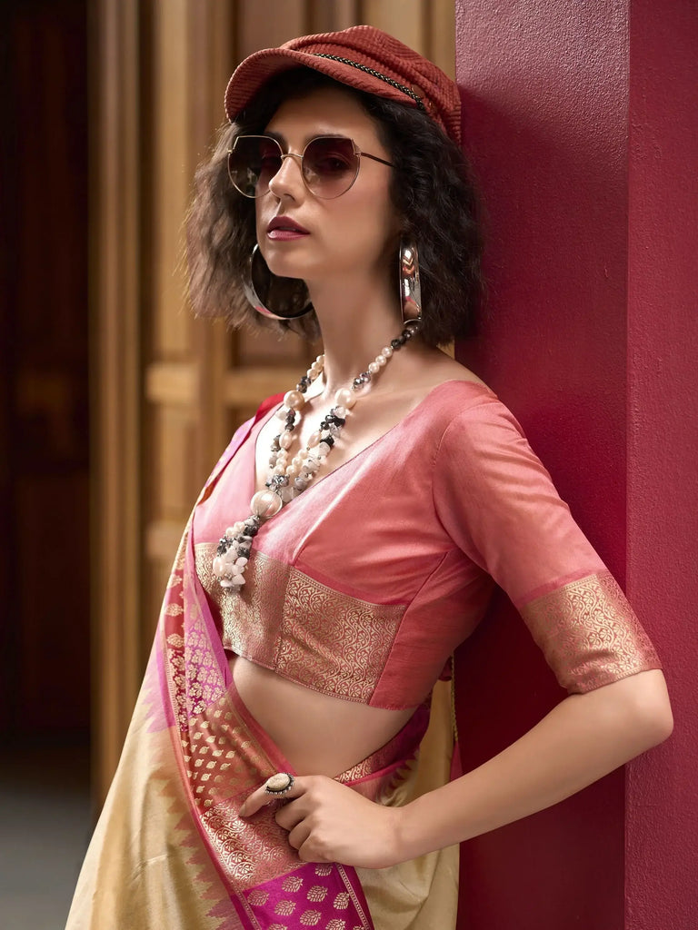Astonishing Cream Zari Weaving Silk Wedding Wear Saree With Blouse