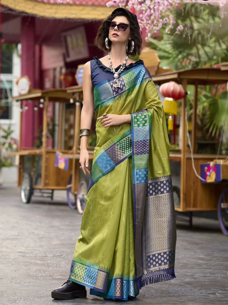 Unique Olive Green Zari Weaving Silk Wedding Wear Saree With Blouse