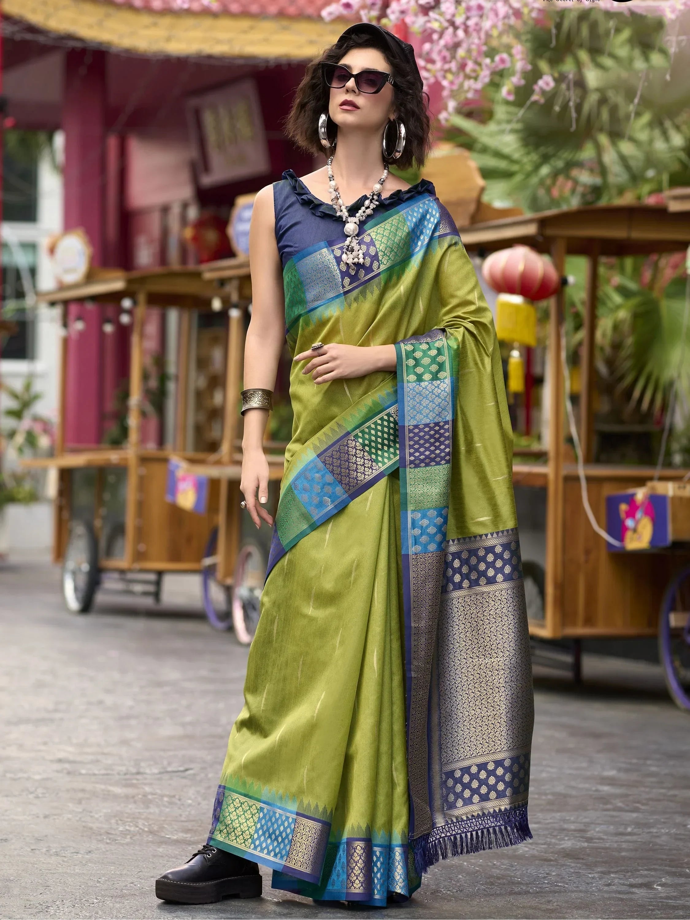 Unique Olive Green Zari Weaving Silk Wedding Wear Saree With Blouse