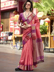 Impressive Coral Red Zari Weaving Silk Event Wear Saree With Blouse