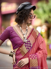 Impressive Coral Red Zari Weaving Silk Event Wear Saree With Blouse