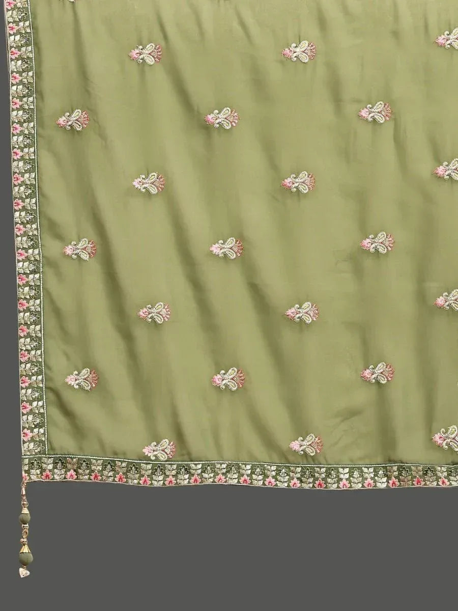 Olive green ethnic dupatta with pink floral embroidery and tassel border
