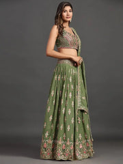 Beautiful Green Thread Embroidered Georgette Wedding Lehenga Choli