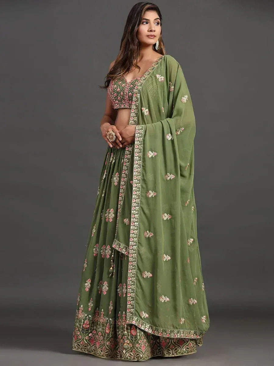 Olive green embroidered lehenga choli with floral dupatta, Indian ethnic wear for women