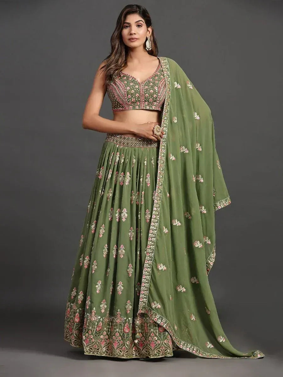 Olive green embroidered lehenga choli with floral motifs and matching dupatta, perfect for Indian ethnic wear
