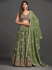 Beautiful Green Thread Embroidered Georgette Wedding Lehenga Choli
