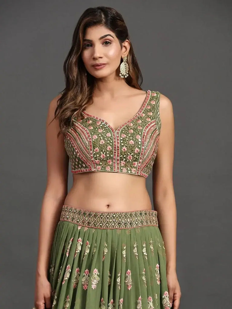 Beautiful Green Thread Embroidered Georgette Wedding Lehenga Choli