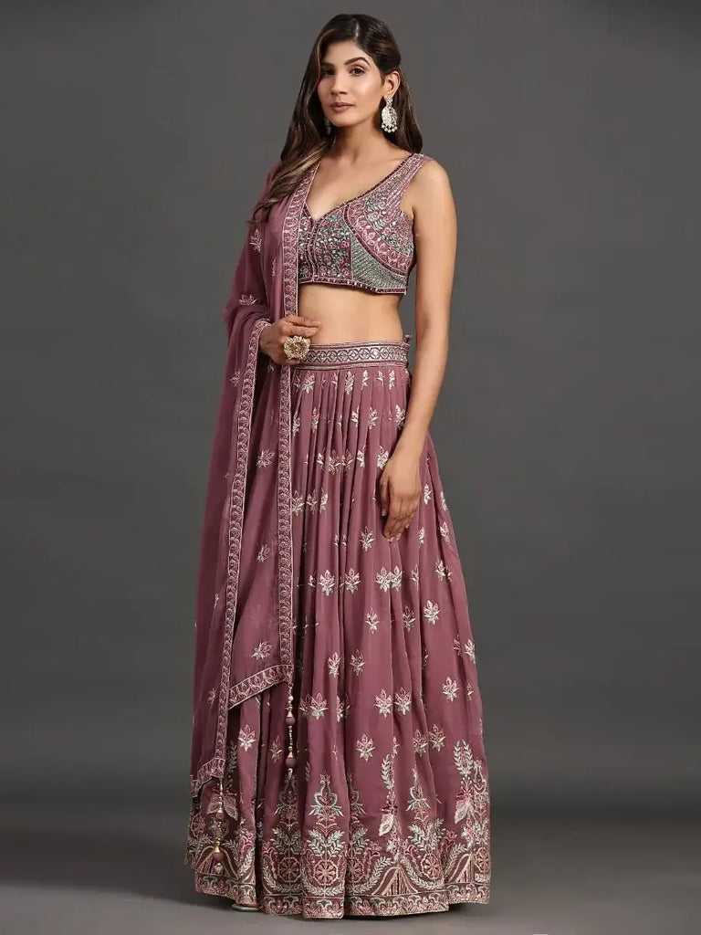 Lovely Lavender Embroidered Georgette Lehenga Choli With Dupatta