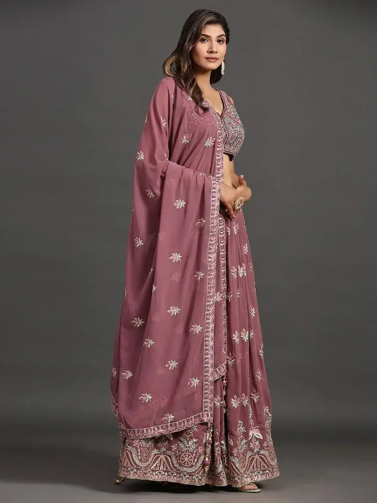 Lovely Lavender Embroidered Georgette Lehenga Choli With Dupatta