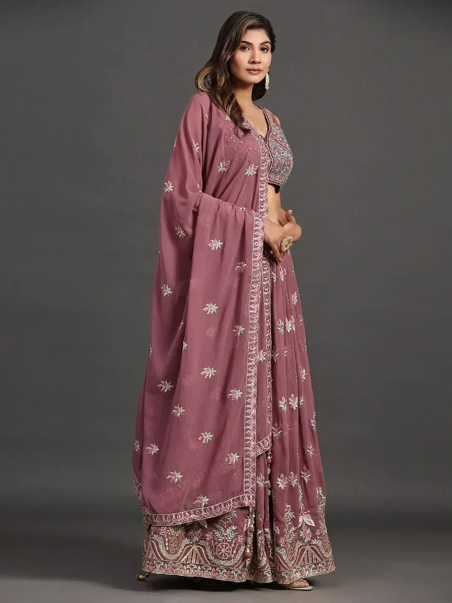 Mauve embroidered lehenga choli with floral motifs and dupatta, Indian ethnic wear for women