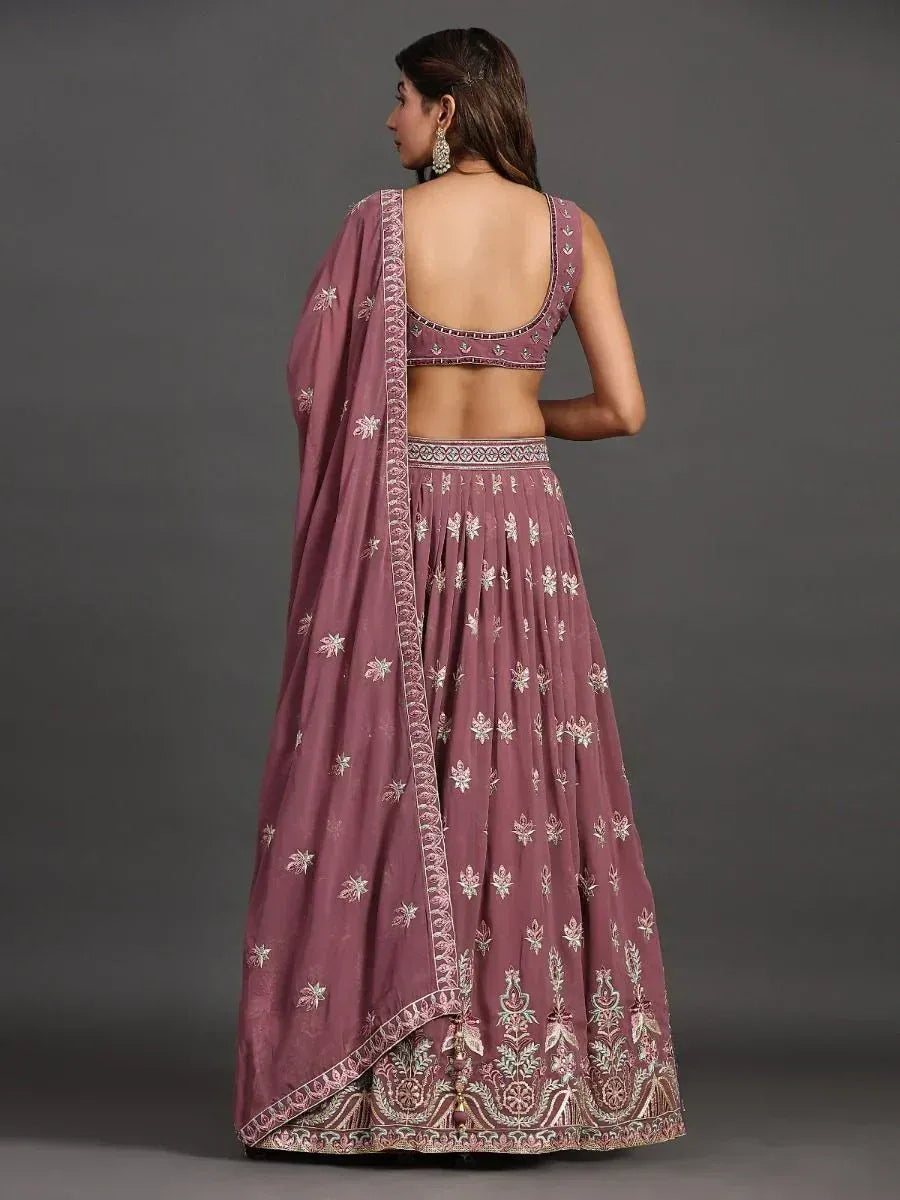 Mauve embroidered lehenga choli with backless blouse and floral dupatta, Indian ethnic wear