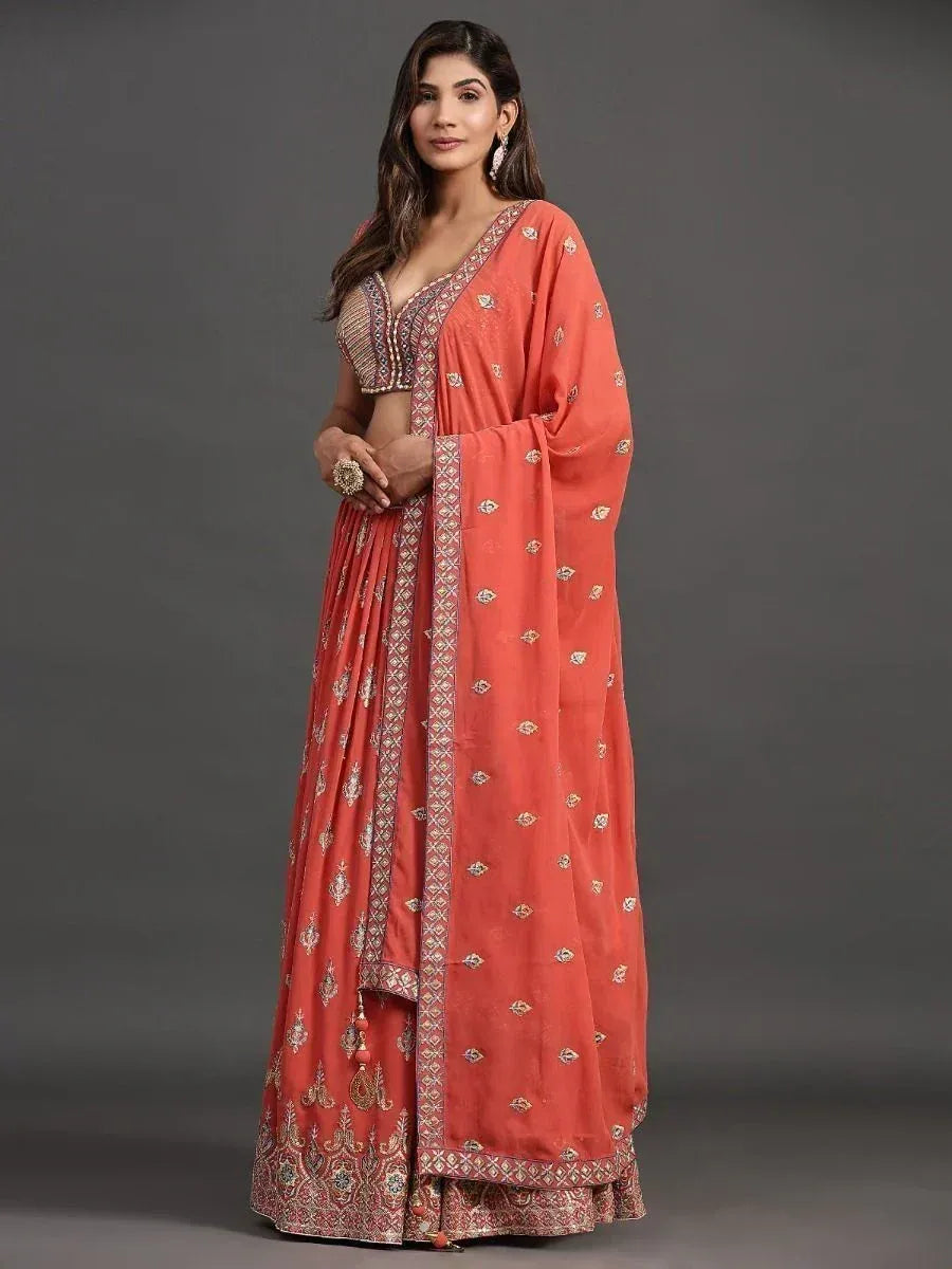 Coral embroidered lehenga choli with dupatta, Indian ethnic wear for weddings and festivals