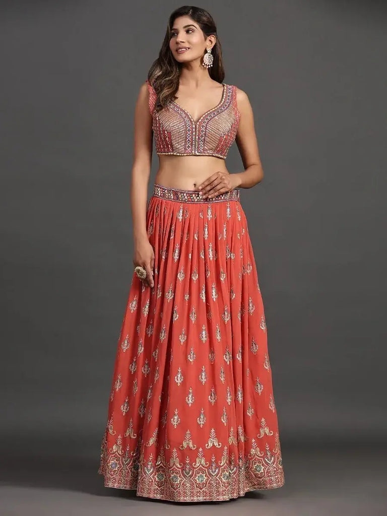 Stunning Coral Coloured Wedding Lehenga with Thread Work in Georgette