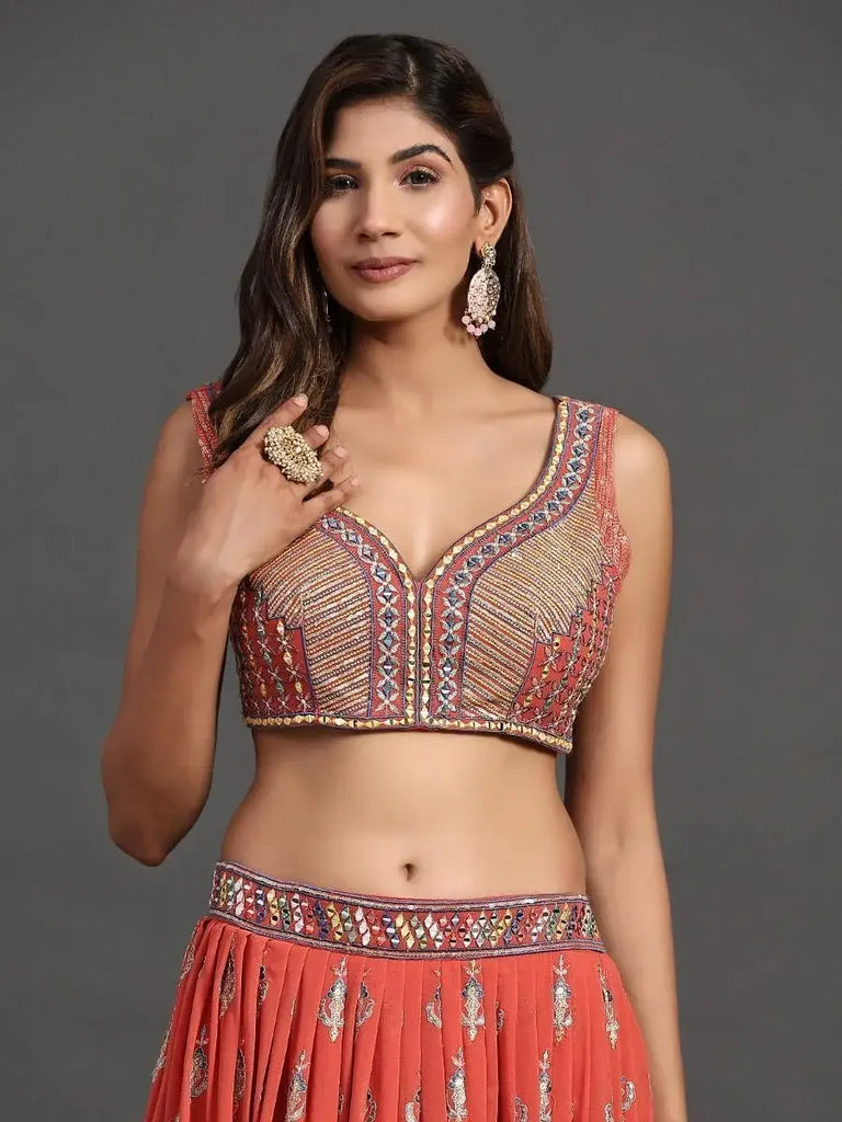 Stunning Coral Coloured Wedding Lehenga with Thread Work in Georgette