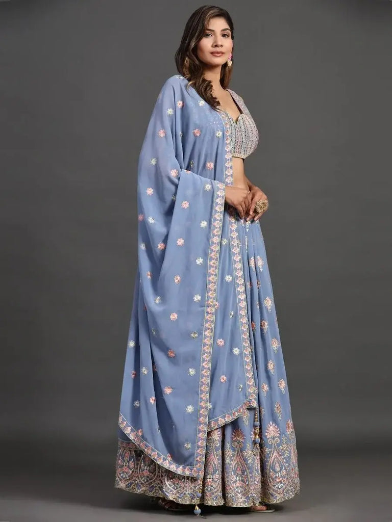 Gorgeous Sky Blue Embroidered Georgette Party Wear Lehenga Choli