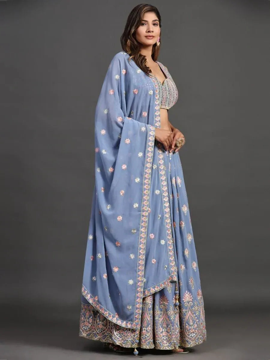 Blue embroidered lehenga choli with floral dupatta, Indian ethnic wear for women