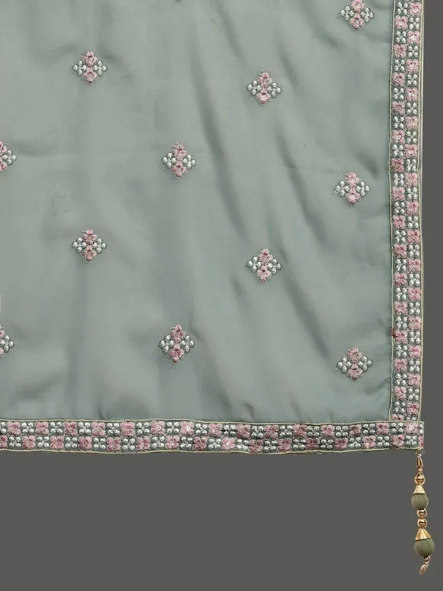 Grey ethnic dupatta with pink and silver floral embroidery and tassel border
